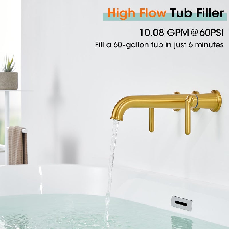 Wintap Wall Mount Tub Filler Long Spout Reach Faucet with Rough-in Valve High Flow 2-Handle Brass Roman Bath Faucet Set Brushed Gold (WT-9806BG) - Image 3